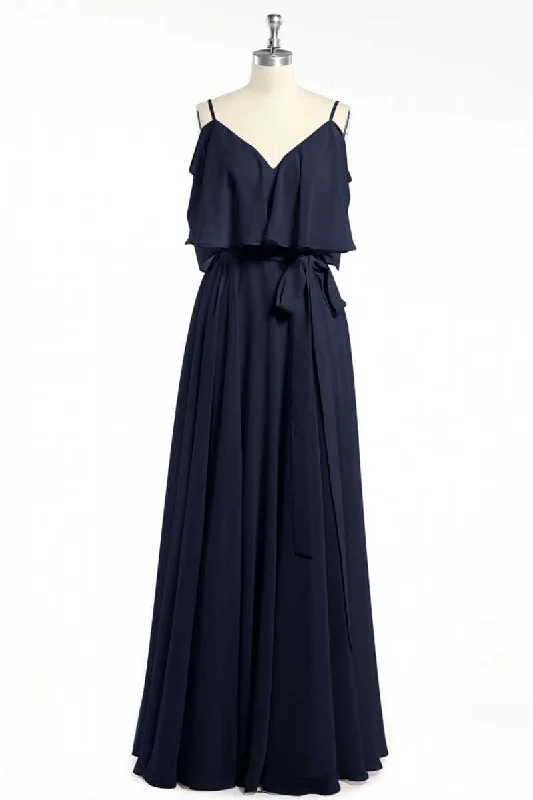 New In This Season Holiday Sale Black Chiffon V-Neck Ruffled A-Line Long Bridesmaid Dress