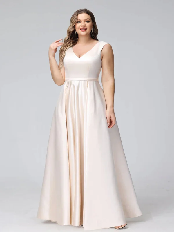 Swimwear Summer Blowout Limited - Stock A-Line V-Neck Sleeveless Floor-Length Satin Plus Size Bridesmaid Dresses With Pockets