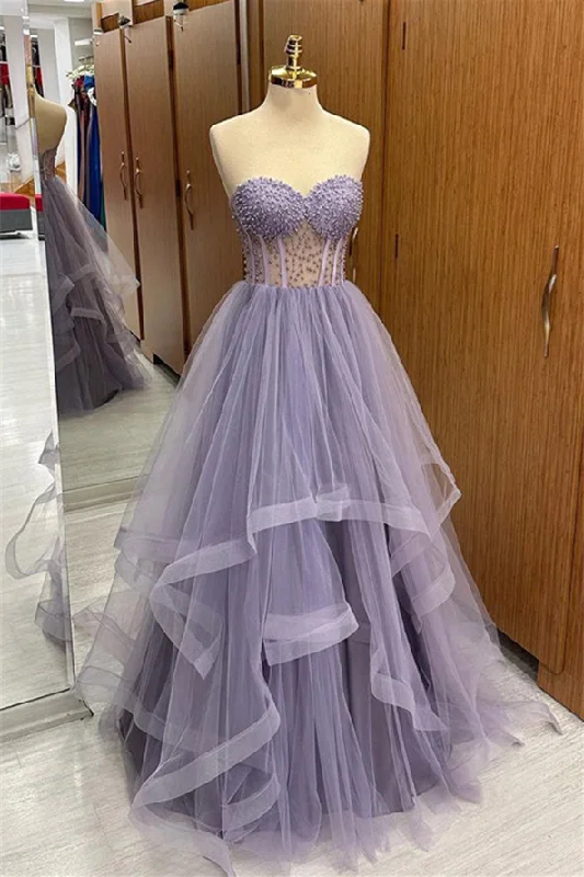 Budget Friendly Alluring Design Roycebridal Brandy | Lilac Strapless Beaded Ruffle-Layers Tulle Long Prom Dress