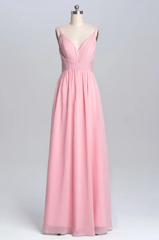 Fashion-Forward Offers Dreamy Aesthetic Pink Straps A-line Pleated Long Bridesmaid Dress