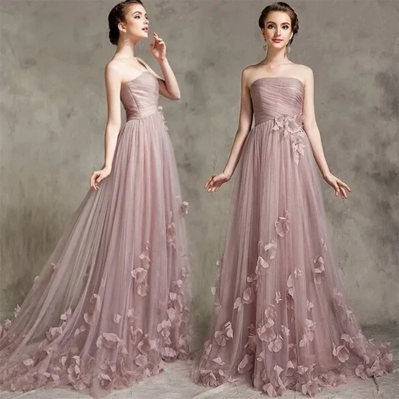 Fashion Forward Femininity Boho - Chic Festival - Ready Style Pale Mauve Strapless Bridesmaid Dress with Handmade Flowers Long  Women Evening Wedding Party Gown LP7702