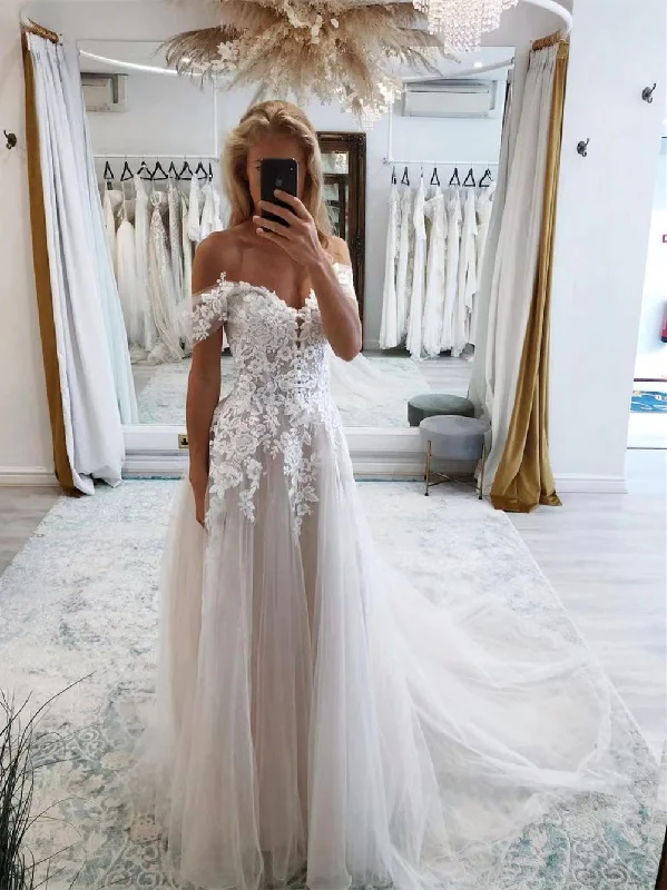 Spring Offer Bold Silhouette Off Shoulder A-line Lace Tulle Wedding Dresses, Affordable Popular Wedding Dresses, Bridal Gown, 2022 Wedding Dresses