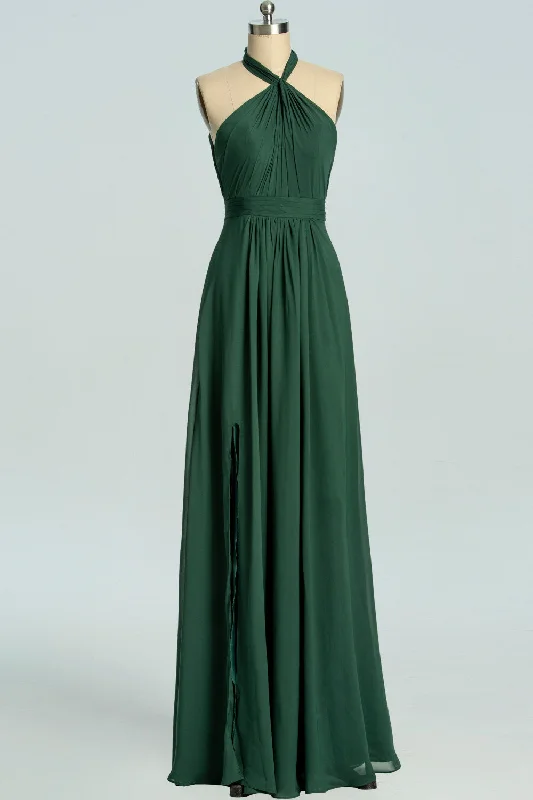 Contemporary Fashion Sale Statement Piece Halter Hunter Green Chiffon A-line Long Bridesmaid Dress