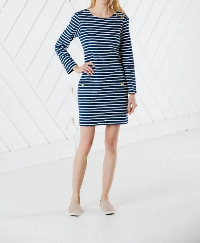 Style Without Limits Save on Classic Elegant Styles Stripe Long Sleeve Button Neck Dress In Navy/ivory