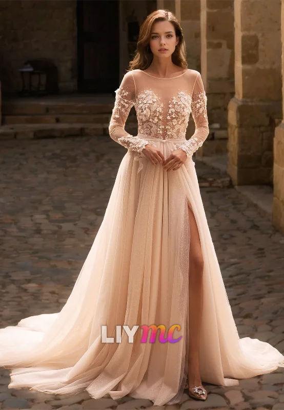 Shop The Hottest Deals Today Only V-Neck Long Sleeves Appliques Tulle A-Line Wedding Dress