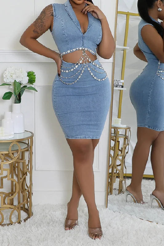 Unleash Your Trendy Side Grab Romantic Date - Night Styles Now Multi-layer Rhinestone Decor Cutout Smart Bodycon Denim Mini Dress