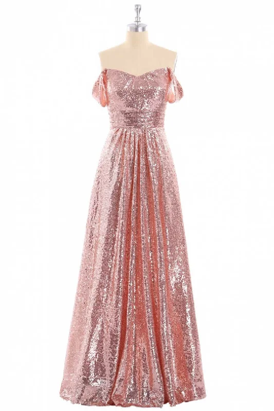 Special Offers Elevated Style Rose Gold Sequin Off-the-Shoulder A-Line Long Bridesmaid Dress