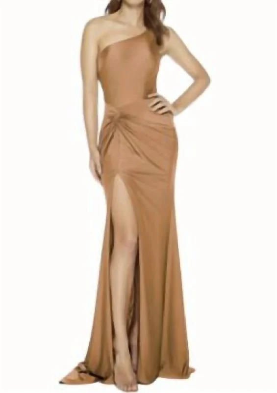 Fresh Fashion Discounts Casual Weekend Relaxed Style One Shoulder Waist Knot Slit Gown In Honey