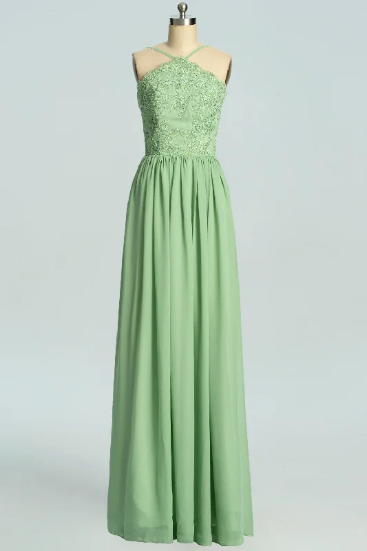 Smart Casual Deals Anniversary Sale Straps Sage Green Chiffon Appliques Long Bridesmaid Dress