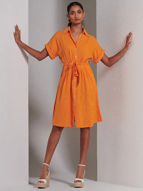 Contemporary Fashion Sale Winter Warm - Up Sale Olivea Linen Drop Shoulder Shirt Dress, Orange