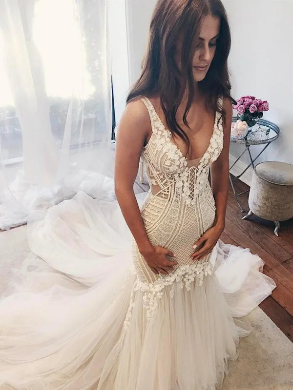 Classic Elegance Sales Rustic Countryside Charm Look Sexy Mermaid V-Neck Backless Lace Tulle Mermaid Long Wedding Dresses, WD0181