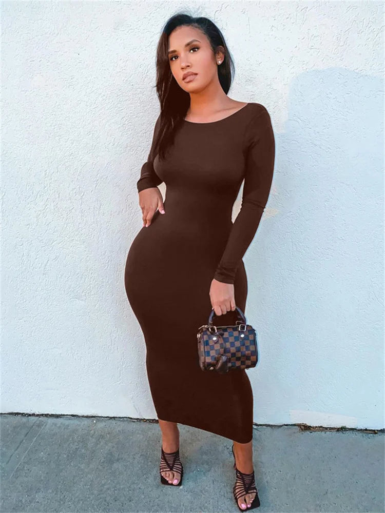 Classy Style Discounts Alluring Design DressBetty - 2024 Elegant Backless Brown Long Sleeve Midi Bodycon Dress