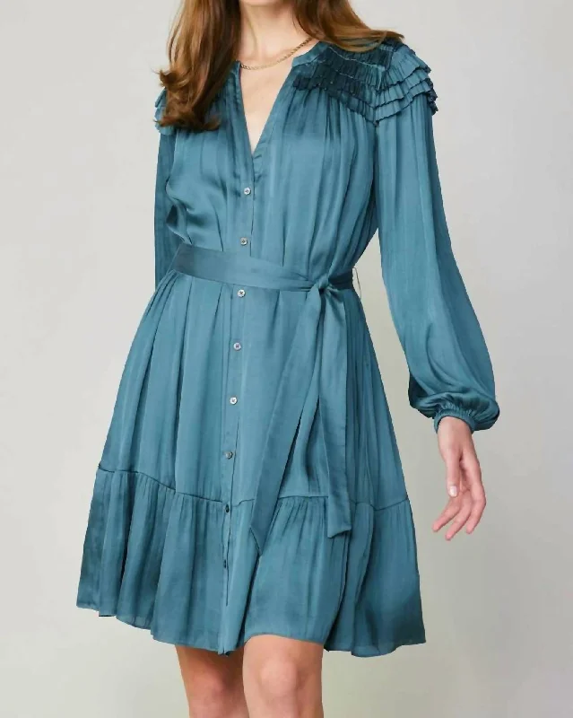 Stylish Deals Limited - Edition Drops Long Sleeve Split Neck Button Down Dress In Deep Cyan