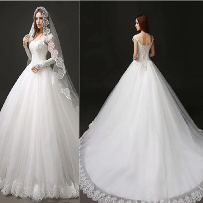 Contemporary Fashion Sale Limited - Stock Classic Style Cap Sleeve Lace Top Ball Gown Lace Up Wedding Dresses, WD0157