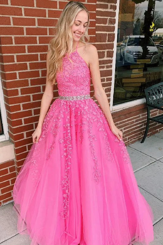 Chic And Trendy Casual Elegance Roycebridal Nyla |A-line Hot Pink Halter Tulle Prom Dress With Appliques