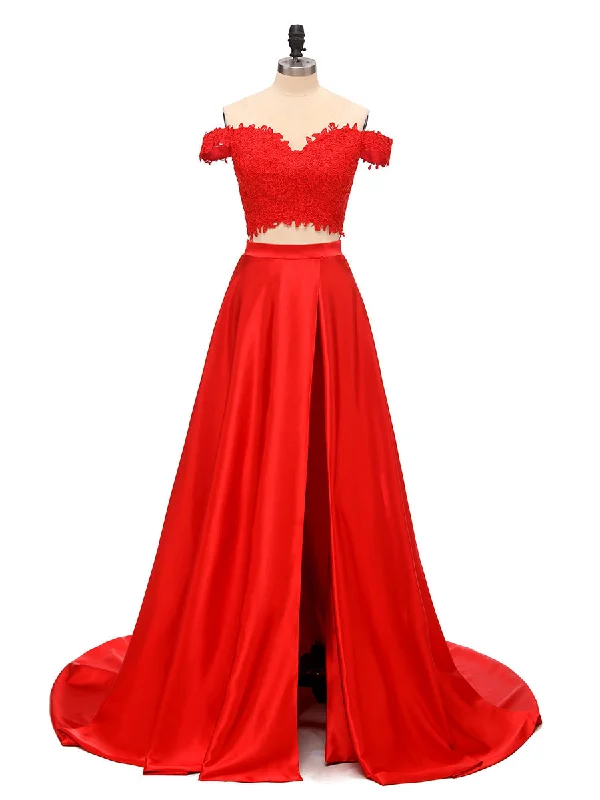 Trendy Threads Sophisticated Cut A-Line/Princess Off-the-Shoulder Satin Split Side With Applique Floor-Length Two Pieces Bridesmaid Dresses