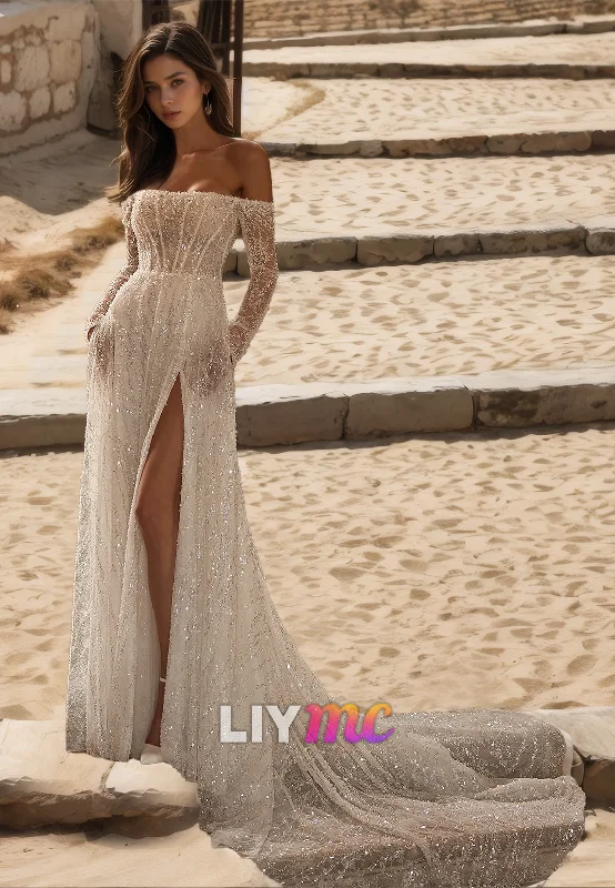 Gift Ideas Limited - Time Bundle Off-Shoulder Long Sleeves Sparkly Tulle Side Slit A-Line Beach Wedding Dress