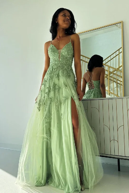 Save Big Contemporary Elegance Roycebridal Sage Green V Neck Tulle A-Line Long Prom Dresses with Appliques