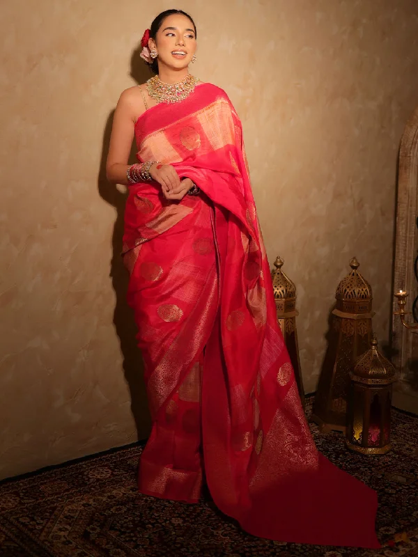 Chic Trends Unveiled Hollywood Glam Award - Show Style Libas Art Red Woven Design Satin Saree With Unstitched  Blouse Piece