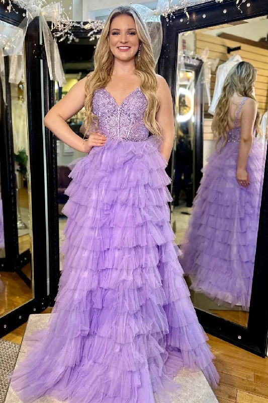 Avant-Garde Style Promotions Limited - Time Bundle Roycebridal Marissa | Lavender Appliques V-Neck Ruffle Tiered Long Prom Dress