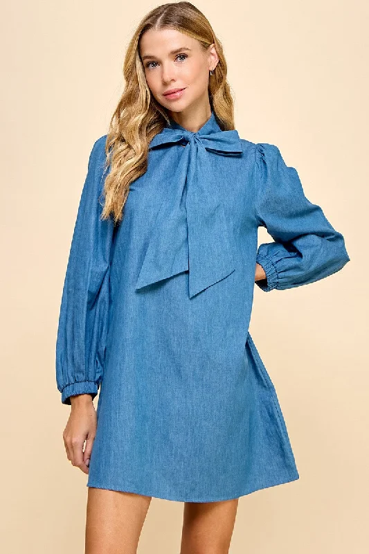 Budget Saver Limited - Time Bundle "A Lesson Learned" Bow Tie Denim Long Sleeve Dress