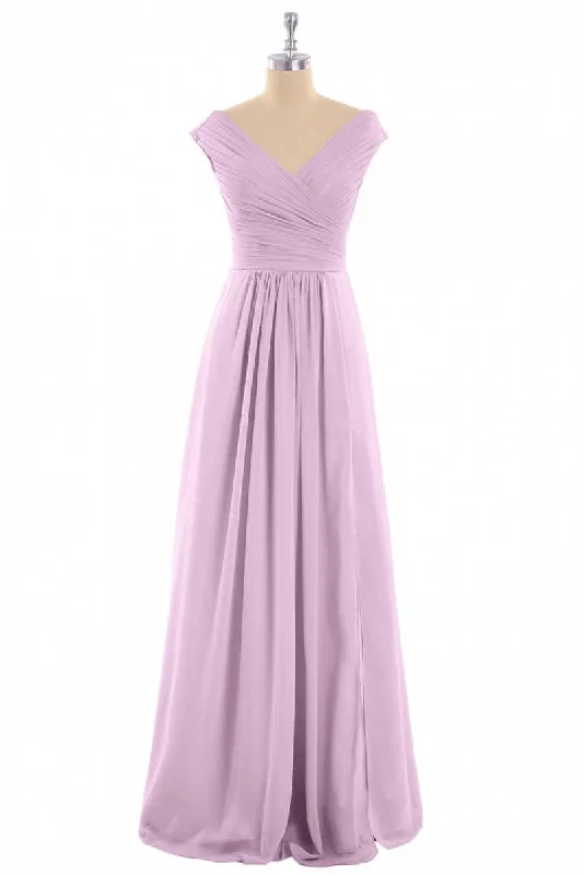 Top Deals Luxe Layering Dusty Purple Chiffon V-Neck Backless A-Line Long Bridesmaid Dress