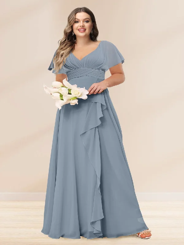 Street Chic Discounts Everyday Glamour A-Line/Princess V-Neck Long Plus Size Bridesmaid Dresses with Ruffles