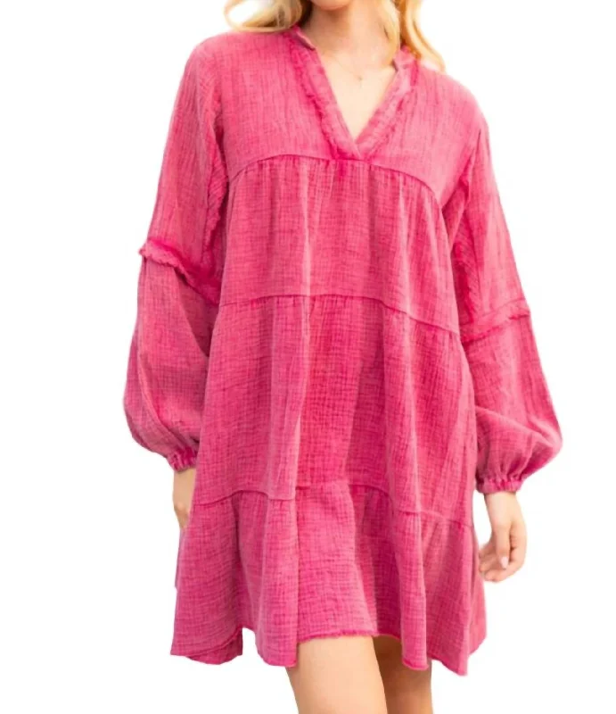 Casual Chic Rustic Countryside Charm Look Long Sleeve Woven Dress In Berry