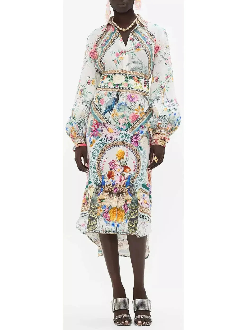 Hot Deals Last Chance Sale High-Low Multicolor Printed Midi Shirt Dress