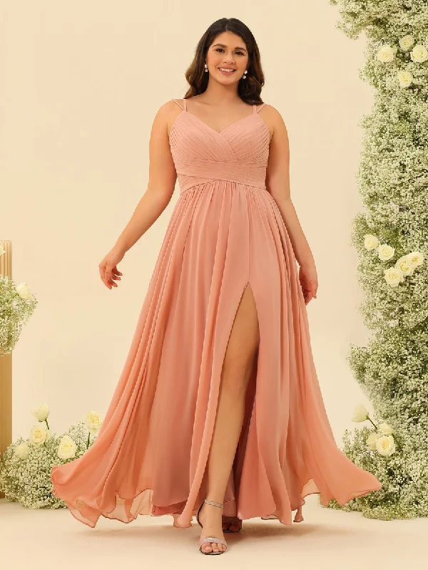 Embrace New Fashion Subtle Sophistication A-Line/Princess Floor-Length Spaghetti Straps Ruffles Plus Size Bridesmaid Dresses