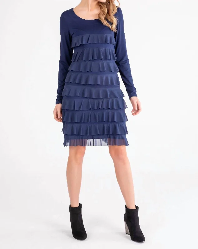 Contemporary Fashion Sale Statement Piece Layered Ruffle Long Sleeve Dress In Navy Mesh