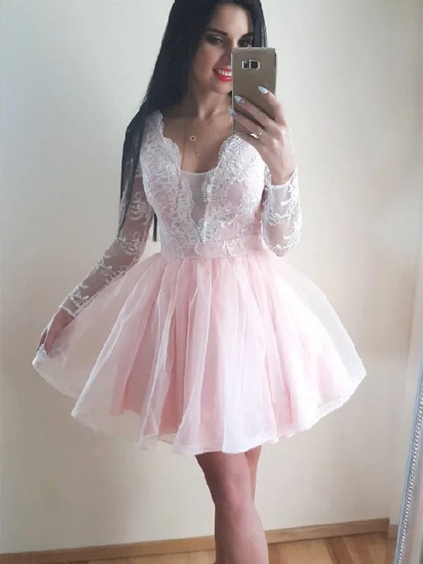 The Good Stuff Limited - Edition Drops Long Sleeves Lace Appliques Tulle Plunge Neck Short Prom Dress OP141