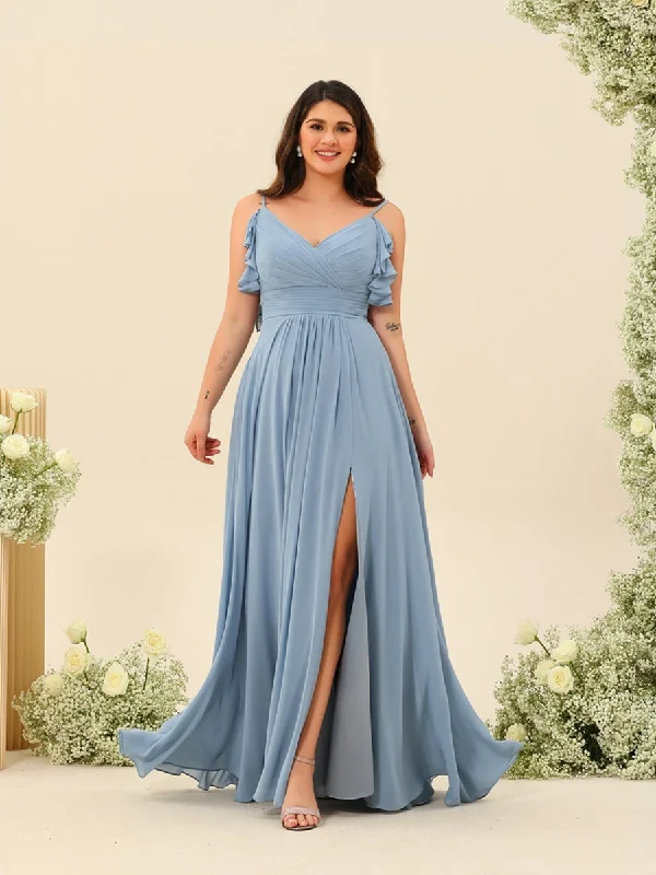 Crazy Discounts, Hurry Up Vibrant Prints A-Line/Princess Spaghetti Straps Plus Size Ruched Long Bridesmaid Dresses with Split Side