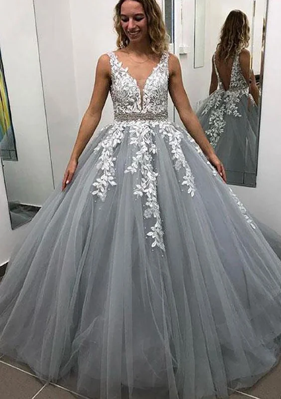 Feminine Style Promotions Summer Splash Sale Roycebridal Adley | Ball Gown Sleeveless Long/Floor-Length Tulle Prom Dress With Lace Appliqued Beading