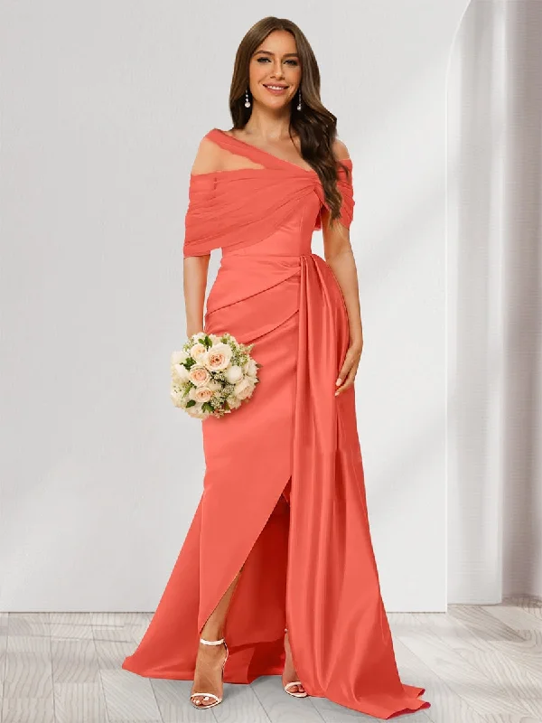 Trendy Looks On Sale Y2K Nostalgic Fashion Look Sheath/Column Off-the-Shoulder Sleeveless Split Side Bridesmaid Dresses