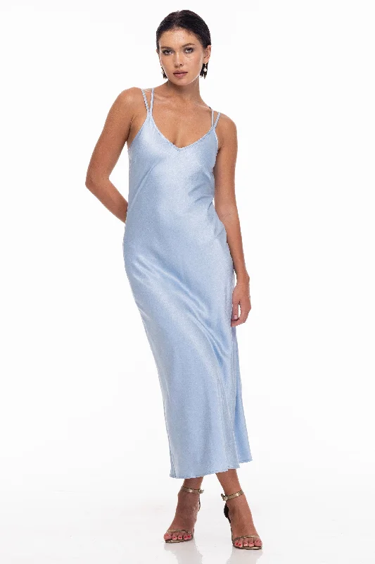 Stylish Looks Mother's Day Special Evermore Blue Cloud Satin Slip Dress