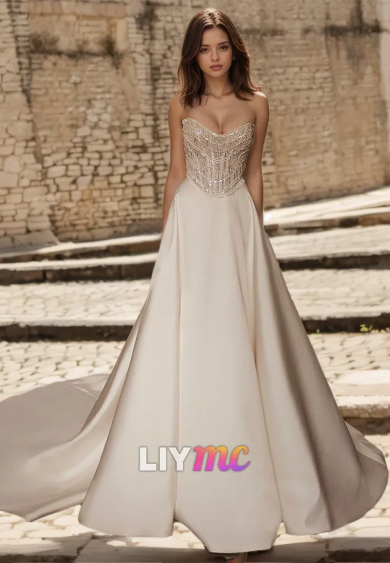 Fashion Frontiers Contemporary Elegance V-Neck Sleeveless Sparkle Sleek Satin A-Line Wedding Dress