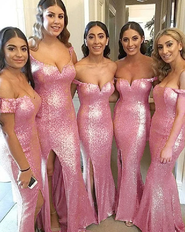 Valentine's Special Weekend Special Pink Sequined Long Women Formal Bridesmaid Dresses Mermaid Long Slit PL954