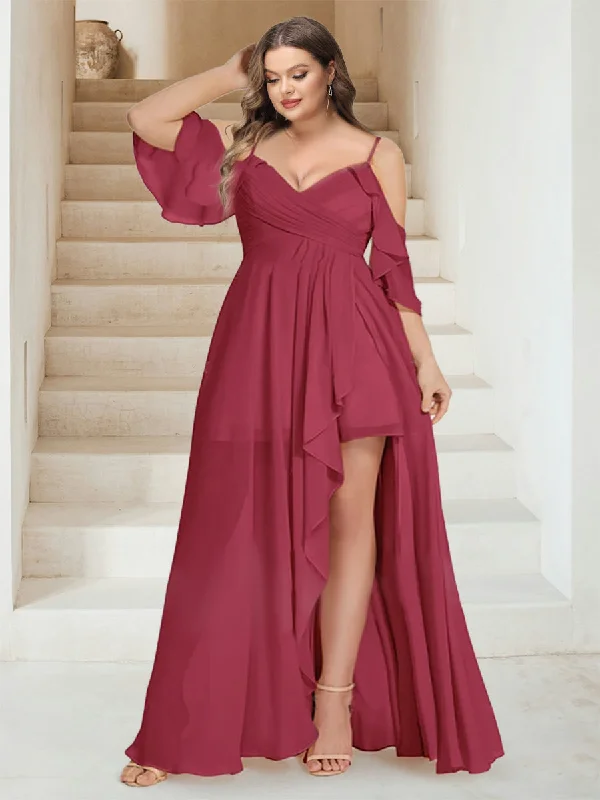 Bold Fashion Sales Save on Inspired Styles A-Line/Princess V-Neck Short Sleeves Floor-Length Chiffon Plus Size Bridesmaid Dresses with Ruffles