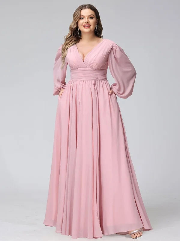 Avant-Garde Style Promotions Beat the Heat in Tropical Styles A-Line V-Neck Long Sleeves Long Chiffon Plus Size Bridesmaid Dresses With Split Side Pockets