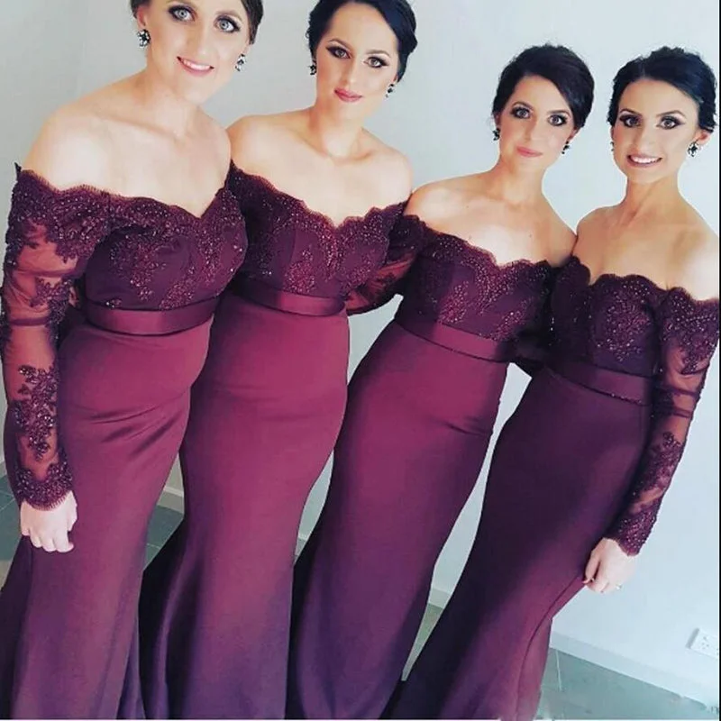 Summer Fashion Artful Design Burgundy Off Shoulder Women Bridesmaid Dresses Long Mermaid Formal Wedding Party Gown Maid of Honor dress