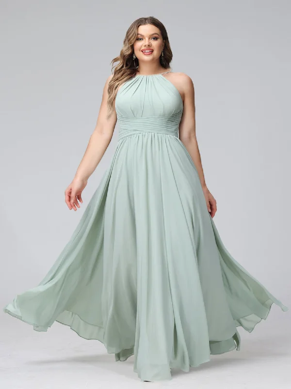 Exclusive Fashion Deals Last Chance Sale A-Line Halter Sleeveless Ruched Floor-Length Chiffon Plus Size Bridesmaid Dresses