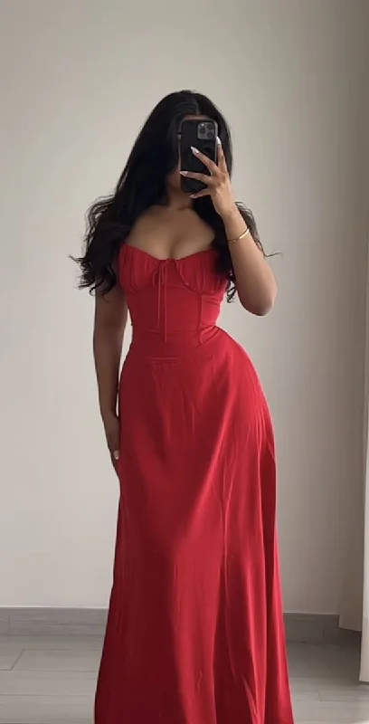 Trendy Women'S Wear Collection Father's Day Deals Simple A line Spaghetti Straps Red Sleeveless Long Prom Dress Formal Evening Dresses BD2542