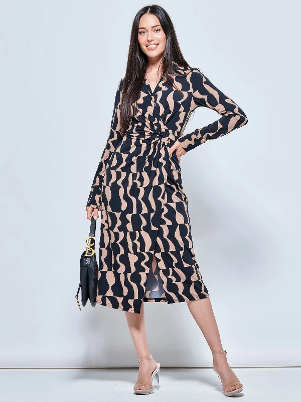 Modern Chic Discounts Beat the Heat in Tropical Styles Long Sleeve Printed Jersey Shirt Dress, Brown Pattern