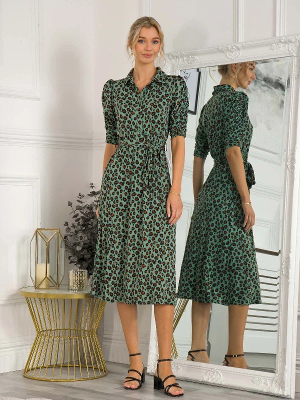 Everyday Elegance Sale Mother's Day Special Calla Animal Print Shirt Dress, Green Leopard