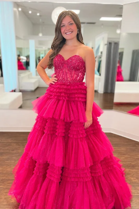 Trend Alert Limited Quantities Roycebridal Adelyn |Fuchsia A-Line Sweetheart Tiered Tulle Prom Dress