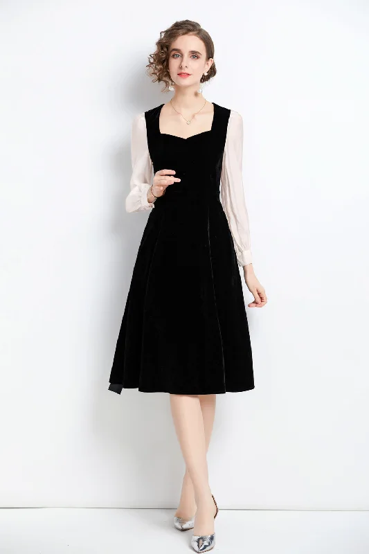 Street Chic Discounts Romantic Detailing Black & White Office A-line Sweetheart Neck Long Sleeve Knee Dress