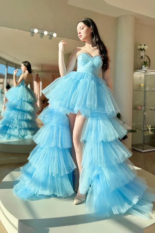 Premium Style Offers Beat the Heat in Tropical Styles Roycebridal Aleena | Blue Sweetheart Neck Tulle Long Prom Dress, Beautiful A-Line High Low Party Dress