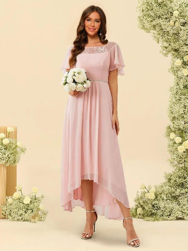 Affordable Trendy Fashion Feminine Soft - Hued Styles A-Line/Princess Scoop Asymmetrical Bridesmaid Dresses With Ruffles