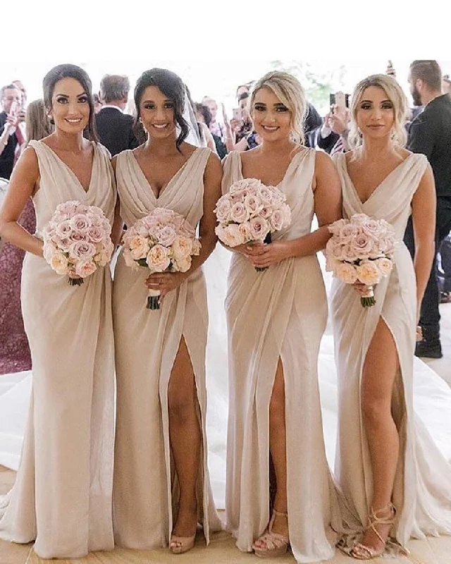 Ride The Style Wave Elegant Contour Chiffon V Neck Beige Bridesmaid Dresses Long with Slit fitted wedding parry gown PL621